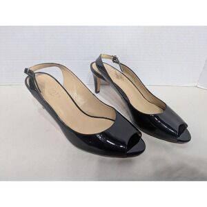 Talbots Black Patent Leather Peep Toe Slingback Heels Pumps Buckle Strap Size 9W